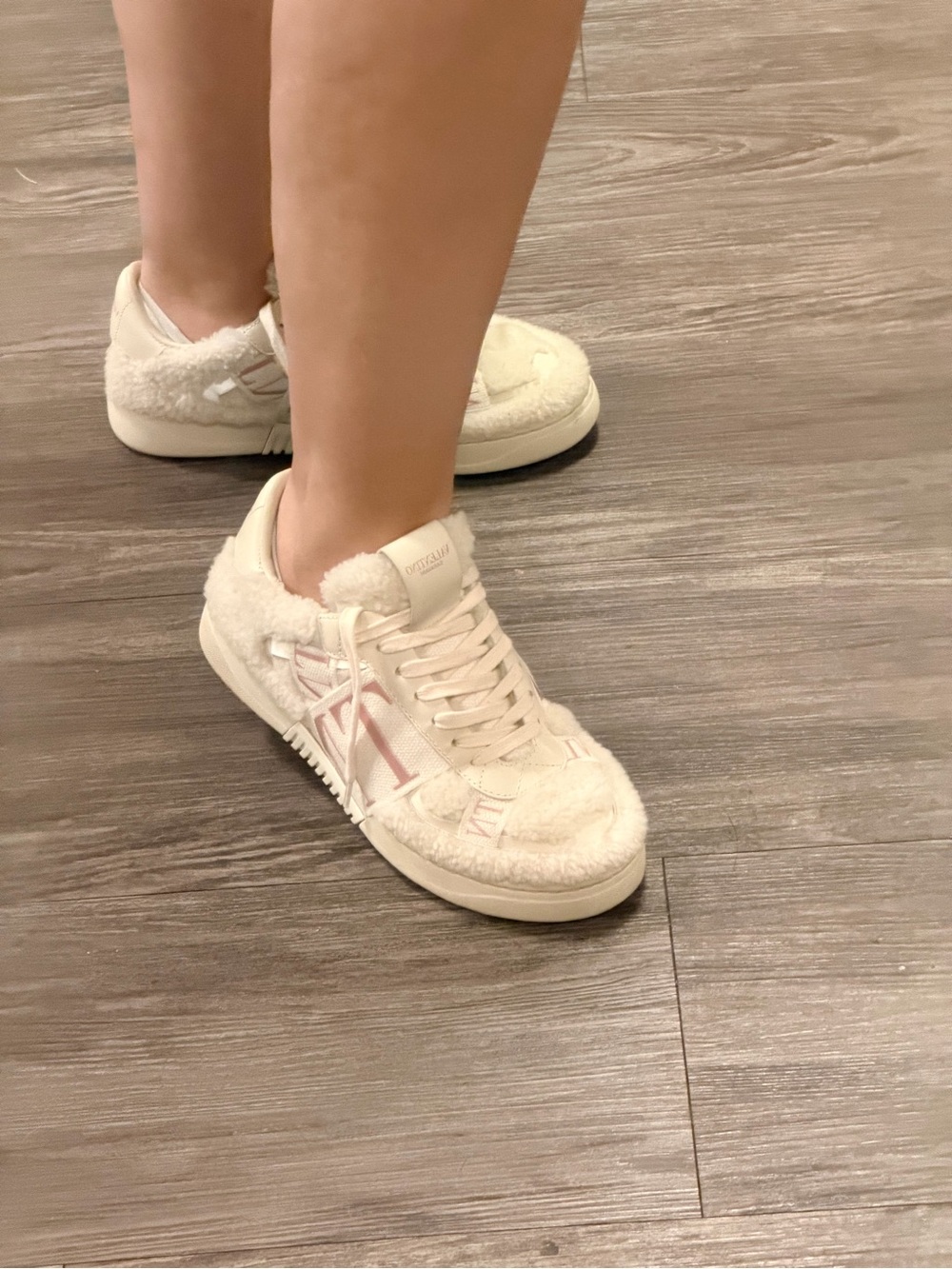 Valentino Ivory and Pink Shearling-Trim Sneakers - Picture 3 of 8